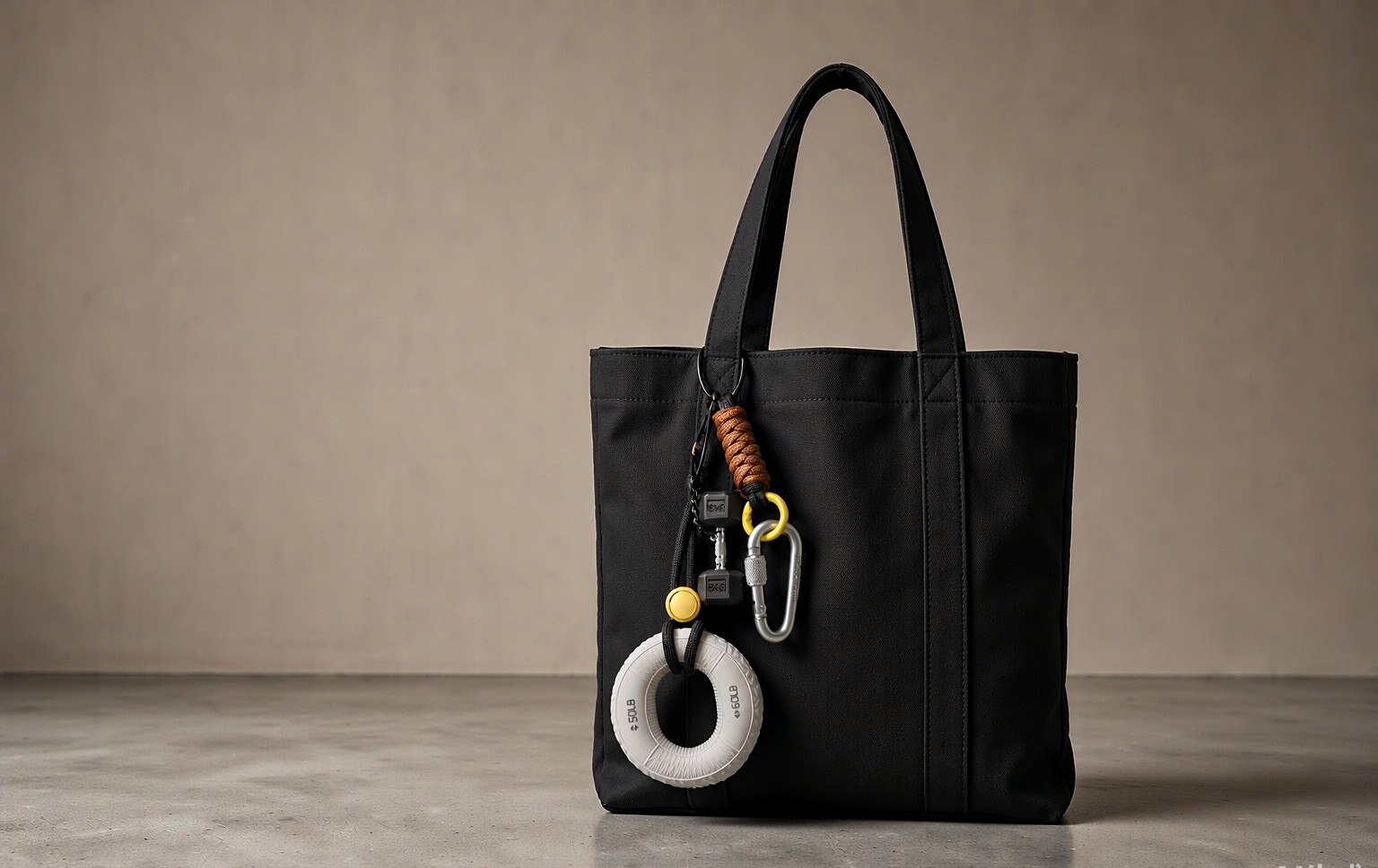 2121 — woman in yoga wear carrying a tote with a 2121 dumbbell bag charm